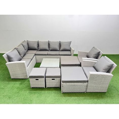 Fimous Outdoor Rattan Garden Furniture Set 12 Seater Corner Sofa Sets with Square Coffee Table Chair 4 Footstools Light Grey Mixed (1/5)