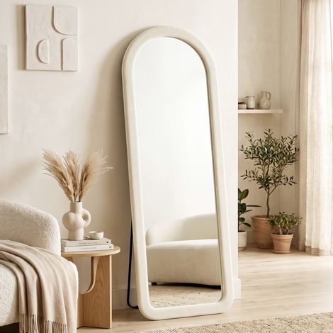 Miroir de Sol Arqué Pleine Longueur 160x60cm, Grand Miroir sur Pied ou Mural, Cadre Effet Velours, Verre Trempé, Crème (1/5)