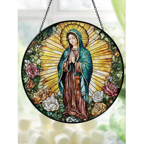 Attrape-soleil en vitrail thème religieux, décoration fenêtre Vierge Marie 15cm (1/5)