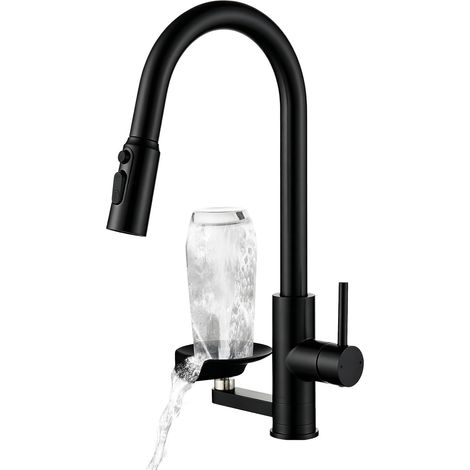 Robinet Cuisine Lave-verres,Douchette Extractible Double Sortie noir  Mitigeur Robinet Cuisine Douchette Lave-verres, 3 Flux, Rot 360°, Acier 304 Brossé Adapté Cuisine, Bar, salle de Bain (1/5)