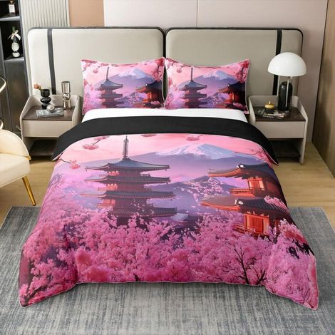 Ensemble de literie 155x220cm coton style japonais fleurs de cerisier Mont Fuji rose