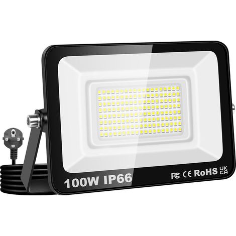 Projecteur d'extérieur 100W,Sécurité projecteur 10000 lumens avec prise 230V, lampe de travail extérieure, 4000K éclairage extérieur blanc chaudpour cour patio parking jardin,étanchéité IP66