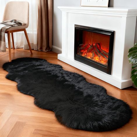 Tapis en Fausse Fourrure de Mouton à Poils Longs pour Chambre à Coucher, Chevet, Sol, Salon, Tapis de Couloir en Peluche Haute densité, Noir, 0,6 x 1,8 m