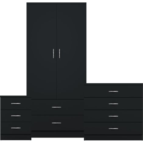 Riano 3 Piece Bedroom Set (3 Drw Bedside Chest, 4 Drw Chest, 2 Dr 2 Drw Wardrobe), Black (1/3)