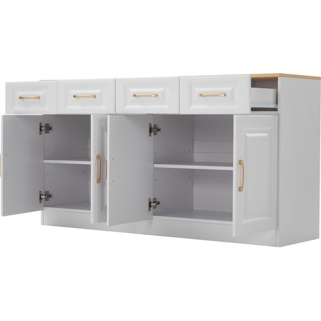 Aparador con 4 Puertas, 4 Cajones y 2 Estantes Ajustables, en Tablero de Partículas, Blanco y Roble, 140 × 40 × 75 cm