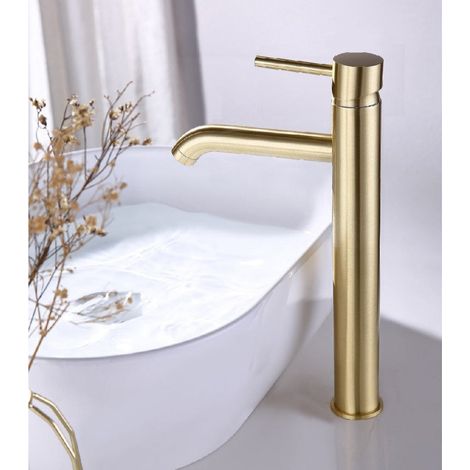 Stano. – Robinet mitigeur lavabo réhaussé or brossé – Finition laiton massif – Hauteur 20cm – Consommation 10,1 L/min – Flexibles d'alimentation inclus