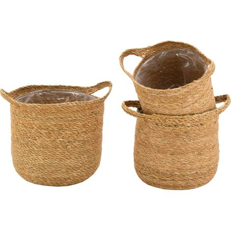 Aubry Gaspard – Lot de 3 cache-pots ronds en jonc naturel – Diamètre 19/22/25 cm – Hauteur 20/22/24 cm – Doublure plastifiée pour protection