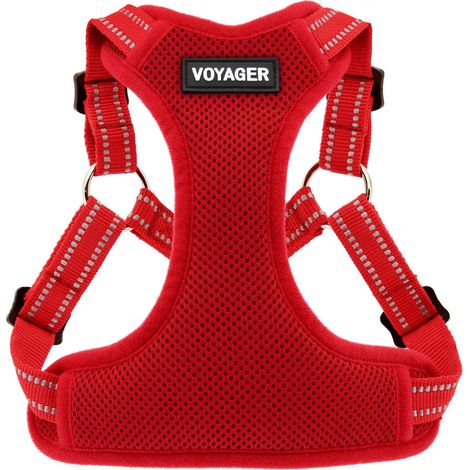 Voyager Verstellbares Hundegeschirr mit Reflektorstreifen by Best Pet Supplies - Strapazierfähige Ganzkörperweste ohne Zugkraft mit Leinen-D-Ring, atmungsaktiv, Rot, size M