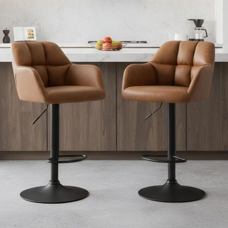 Barhocker 2er Set Kunstleder höhenverstellbar drehbar mit Armlehne und Fußstütze Braun (1/5)