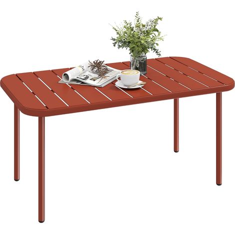 Table Basse de Jardin en Acier Galvanisé avec Plateau à Lattes, Table d'Appoint de Patio Rectangulaire aux Angles Arrondis, pour Extérieur Terrasse Balcon, 90x50x43cm, Rouge (1/5)
