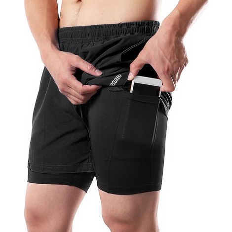 2-in-1-Laufshorts für Herren mit Handtuchschlaufe und schnelltrocknenden Taschen für Fitnessstudio und Sport – XL Schwarz