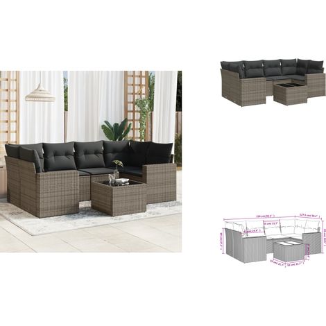 7-tlg. Garten-Sofagarnitur mit Kissen Grau Poly Rattan - Gartenmöbel - PE-Rattan Möbel - Outdoor Sofa - Lounge Set - Esstisch (1/3)