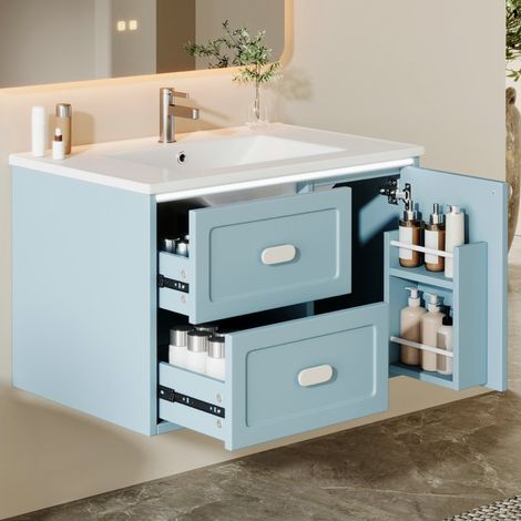 VVBV Meuble vasque de salle de bain, éclairage LED à capteur, tiroirs, 76 x 46 x 51 cm, Bleu (1/5)