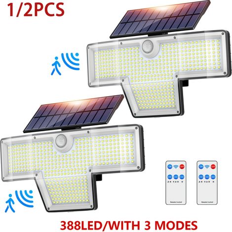 Lot de 2 Lampes Solaires Extérieures 388 LED, Applique Murale Solaire avec Détecteur de Mouvement PIR, 3 Modes d’Éclairage, Lumière Blanche, Télécommande, Étanche, Éclairage de Sécurité pour Jardin, C (1/4)