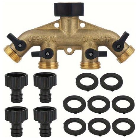 Répartiteur de Robinet de Jardin 4 Voies en Laiton – Diviseur d’Irrigation Multitâche avec Adaptateur, Filetage Européen 3/4"