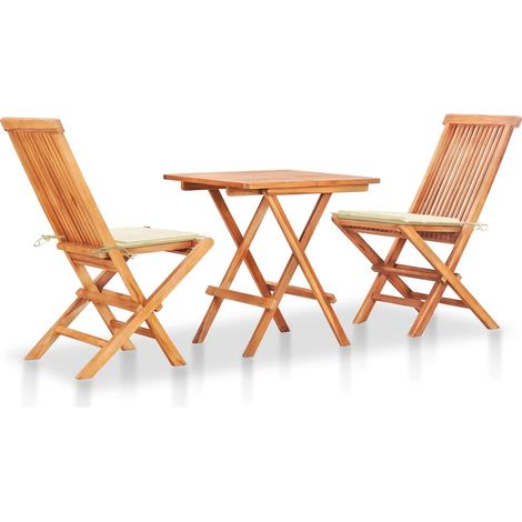 Ensemble de bistro 3 pcs-Salon de jardin bistro avec coussins crème Bois de teck massif (1/5)