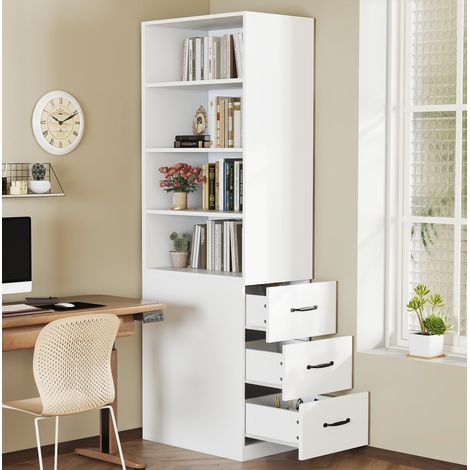 OKWISH Schmales hohes Bücherregal 180 cm mit 3 seitlichen Schubladen und verstellbaren Böden, Weiß (1/5)