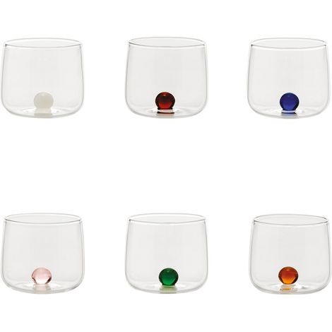 Bilia Tumbler Junior Coffret De 6 Petits Verres Pour Liqueurs Et Amers En Verre Borosilicaté Fait Main Avec Base Sphérique Colorée, Couleurs Assorties