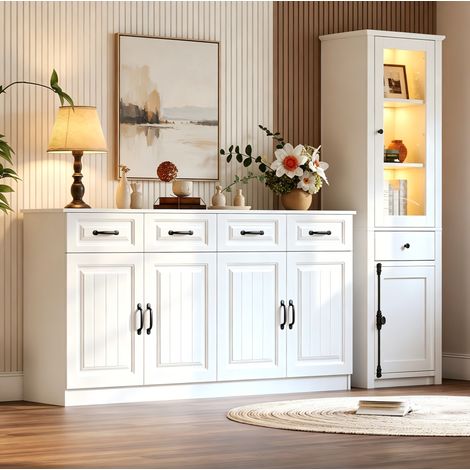 Buffet avec vitrine LED, 160x35x80 cm + 55x40x200 cm, MDF blanc (1/5)