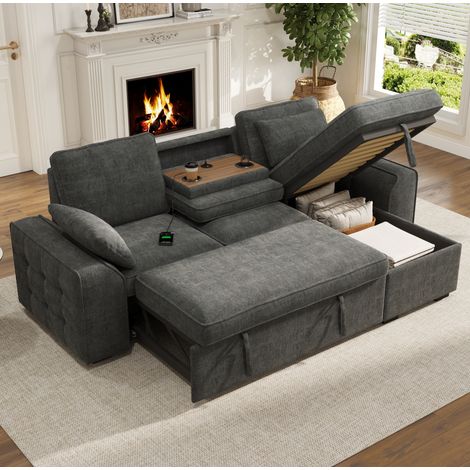 Sofá rinconera de 3 plazas con arcón, convertible, gris 237 x 141 x 86 cm HAVRYA (1/5)