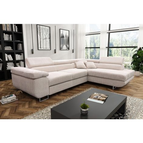 Tendencio – Canapé d'angle convertible 5 places – Velours côtelé beige – Couchage 140x200cm – Design moderne pour salon spacieux