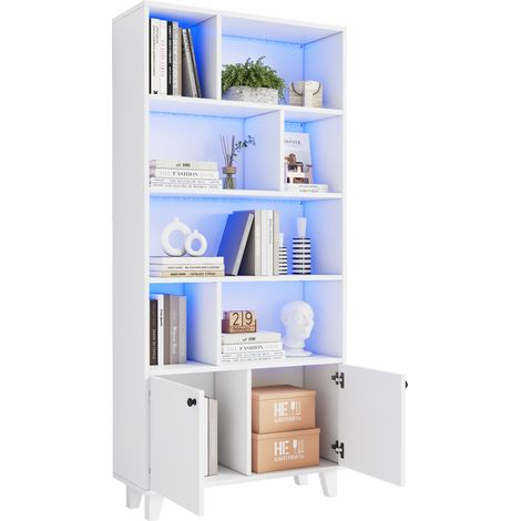 ELVMI Librería con 2 Puertas, 7 Compartimentos y LED con Control por App, para Salón en Madera maciza y MDF 80 × 30 × 173 cm Blanco (1/5)