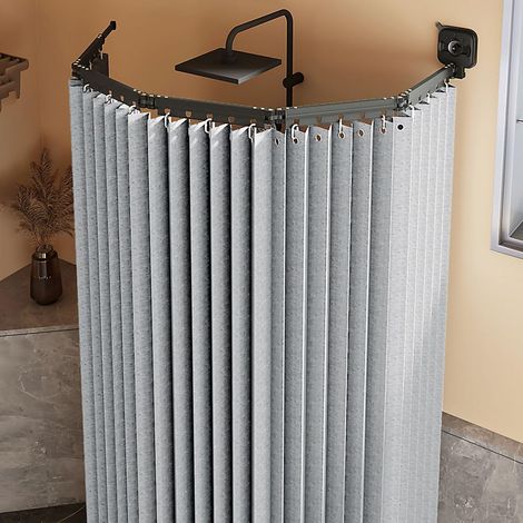 Barre de rideau de douche pliable avec ventouse, rideau de douche (1,5 x 2 m) et anneaux inclus, installation sans perçage (Gris clair, 3 volets) (1/5)