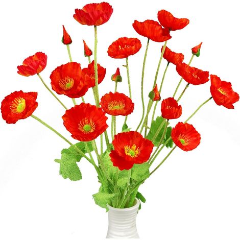 Fleurs Artificielles Coquelicot Fleurs en Soie avec Tiges, Faux Coquelicot Fleurs Décoratives Plantes Réalistes Bouquet pour Maison Cuisine Mariage Bureau Décorations (Orange Rouge) (1/5)
