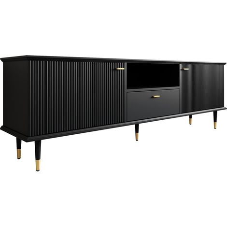 Mueble TV de MDF negro con puertas, hueco abierto y cajón, acabado lacado, cierre suave (1/5)