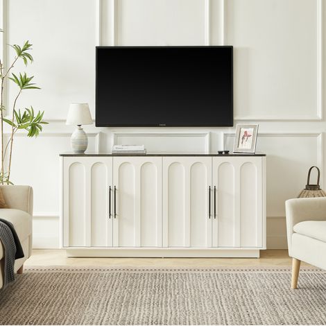 Aparador 160x40x80 cm, cierre suave y fijación de pared, superficie efecto mármol, MDF blanco y negro (1/5)
