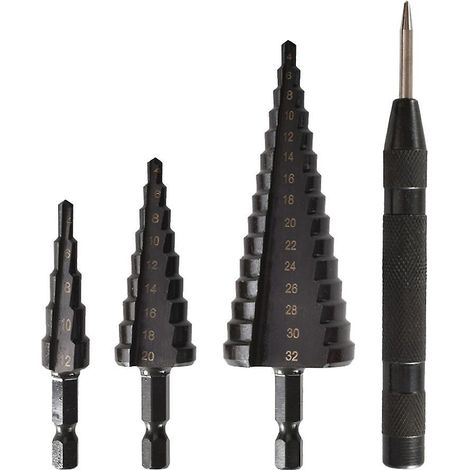 Set mit 4 HSS-Stufenbohrern aus Kobaltstahl mit schwarzer Nitridbeschichtung zum Bohren von Metall