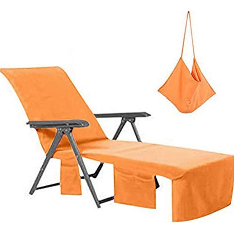 Housse de chaise longue en microfibre, serviette de plage, housse de chaise longue de piscine avec poches pour bronzer en vacances (Orange)