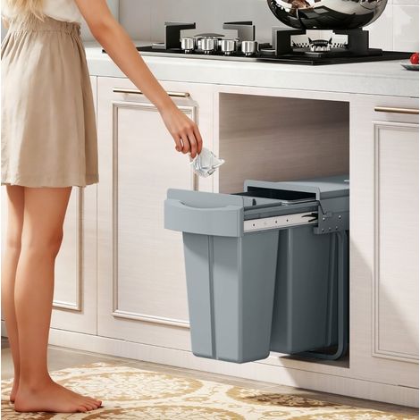 Poubelle de cuisine coulissante 30 L avec 2 bacs amovibles, 20 L + 10 L, gris HAVRYA (1/5)
