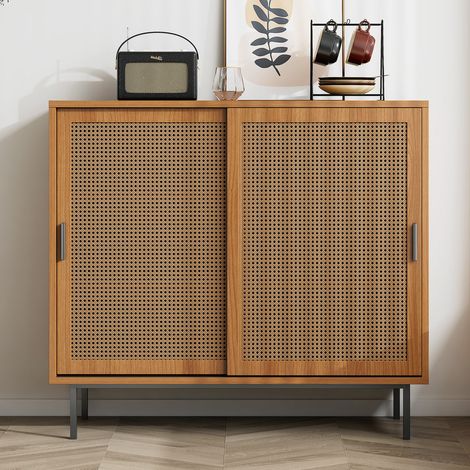 Buffet de cuisine - 100x90x37 cm - 2 portes coulissantes - Étagère réglable - Noyer (1/5)