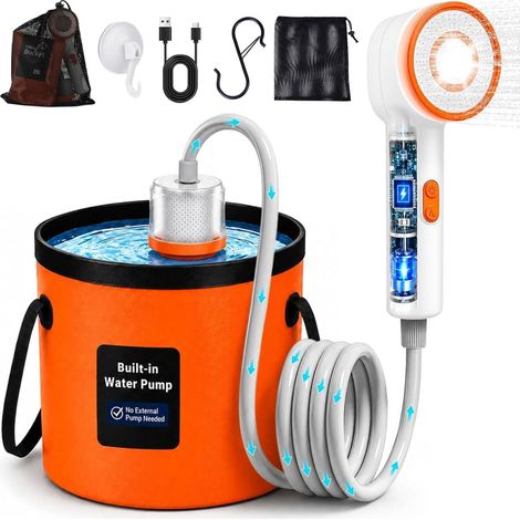 Douche Camping Portable avec Pompe Batterie 6000mAh – Kit Douche avec Seau Pliable 20L, Pommeau 3 Modes, Tuyau 2m, IPX7 Étanche, Charge USB-C – Douche Extérieure Camping Car Chien Jardin (1/5)