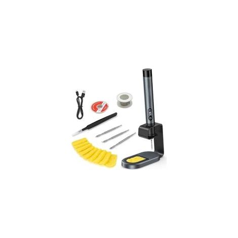 Fer à souder sans fil avec écran LCD, chauffe en 7s, température réglable 200–450°C, recharge USB-C, mode veille automatique, 3 embouts C210 et kit portable pour bricolage et réparation électronique