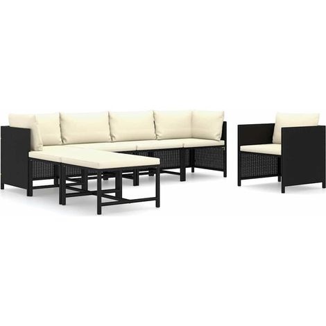 Set Divani da Giardino 7 pz Salotto da Giardino con Cuscini in Polyrattan Nero (1/5)
