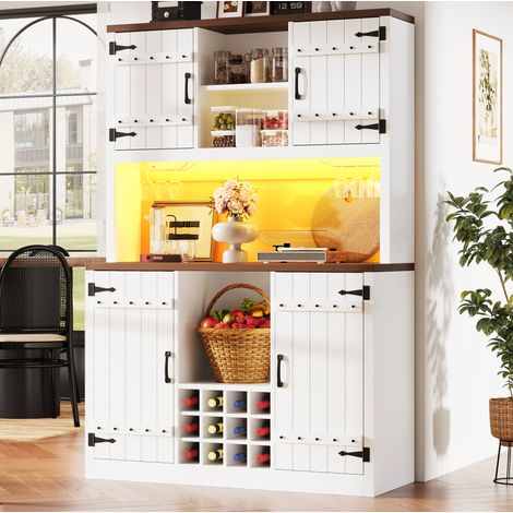 Mobile cucina alto con illuminazione LED RGB, ripiani regolabili, portabottiglie, bianco HAVRYA (1/5)