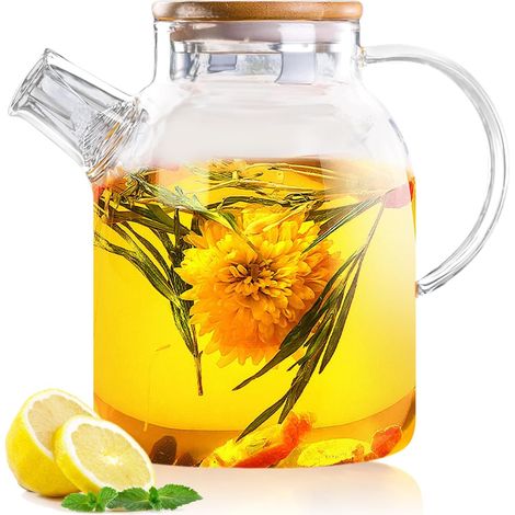 Théière avec couvercle en bois, 1800 ml, en verre borosilicate, robuste, résistante à la chaleur, transparente, avec infuseur, théière moderne en verre épais, pour thé en vrac, thé parfumé aux fruits