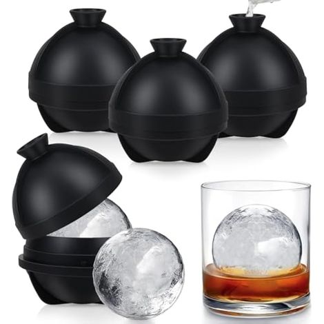 Moule à glaçons sphériques en silicone 4 pièces, 6,35 cm grand moule à billes de glace avec couvercle entonnoir, bac à glaçons géant pour whisky, cocktails, boissons, démoulage facile, noir