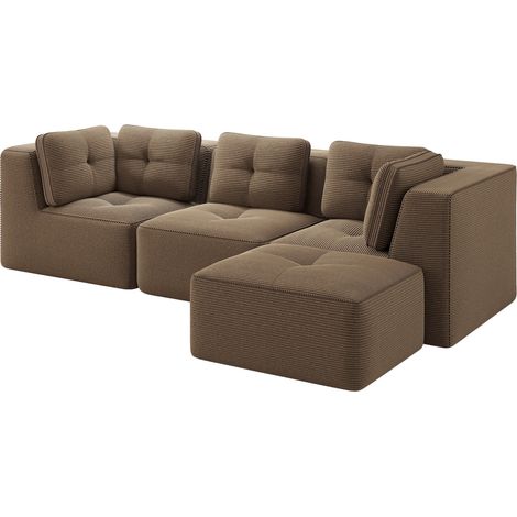 Sofa d'angle modulaire en velours côtelé marron avec méridienne, 3 places, sans montage requis (1/5)