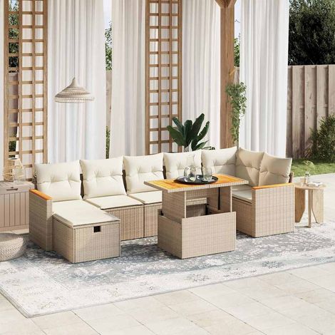 Ensemble de jardin 8 places en résine tressée beige avec coussins lavables - Table extensible et mobilier modulaire pour terrasse (1/4)
