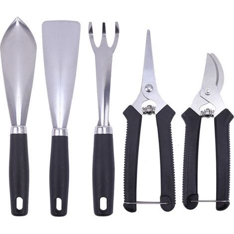 Ensemble de 5 outils de jardin en acier inoxydable – Truelle, râteau, sécateur et cisaille à fruits – Pour jardin, arbres fruitiers et vergers (1/5)
