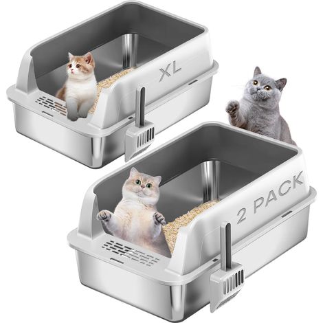 Lot de 2 bacs à litière en acier inoxydable pour grands chats - 58 x 38 x 28 cm - XL - Avec couvercle et bord haut - Avec pelle - Facile à nettoyer - Gris clair (1/5)