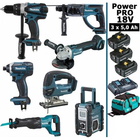 Pack Makita Power PRO 7 outils 18V: DDF458 + DHR202 + DTD152 + DGA504 + DJV180 + DJR186 + DMR108N + 3 batt 5Ah + sac (1/5)