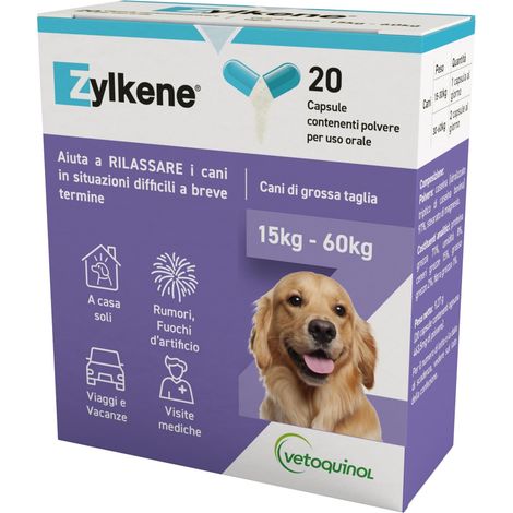 Zylkene Mangime Complementare  Cani oltre 15 kg  Rilassante per situazioni di disagio , 20 Capsule da 450 mg (1/2)