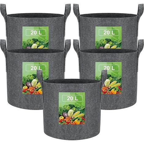 20L Sac de Plantation Terre en Tissu avec Poignée,Sacs de Culture de Plantes Réutilisable pour Cultiver Pommes Terre,Tomates,Légumes,Fleurs,Un Pot de Jardin Épaissi et Aéré,5pcs Gris (1/5)