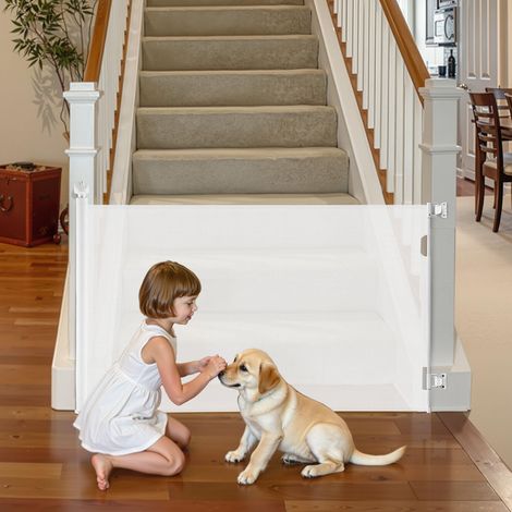 VEVOR Cancelletto Retrattile, Estensibile Fino a 1430 mm di Larghezza, 795 mm di Altezza, con Blocco di Sicurezza, Attraversabile Senza Inciampare, Cancelletto in Rete per Cani Scale, Bianco (1/5)