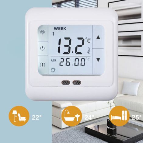 1 Thermostat, écran tactile LCD, programmation 6 périodes, capteur de sol, chauffage électrique (1/5)