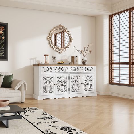 Sideboard mit Schnitzmuster, Buffet-Schrank weiß, HDF, Kommode (1/5)